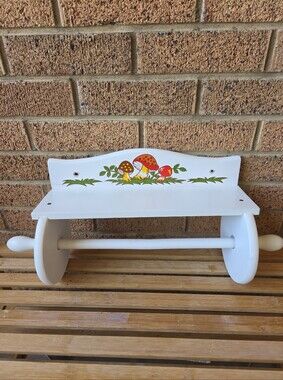 Vtg 1976 Sears Merry Mushroom Wooden Paper Towel Holder Wall Shelf Cottagecore
